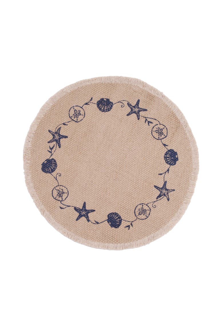 Fringed Blue Shell Printed Round Set of 6 Placemats 15", Alternate, color, Beige