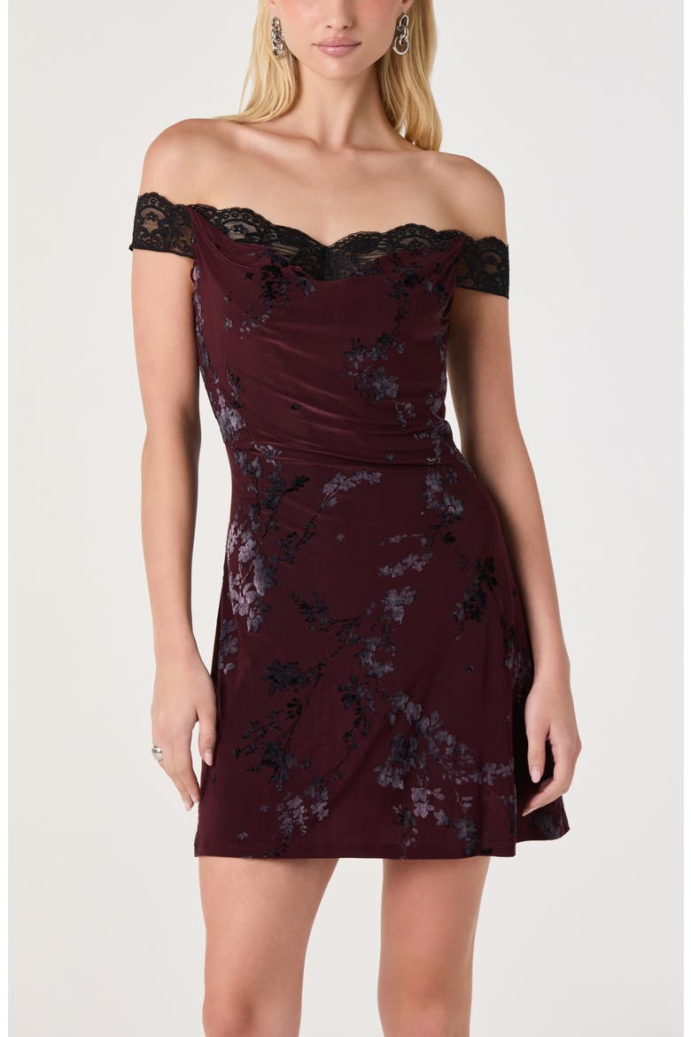 Heloise Floral Lace Trim Off the Shoulder Minidress, Alternate, color, WINE BLACK FLORAL