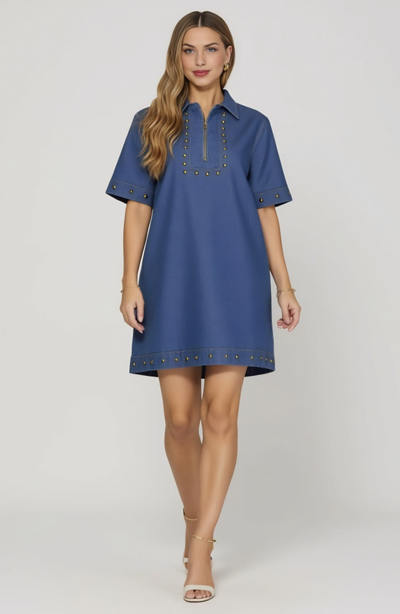 Modenaire Denim Studded Half Zip Mini Dress with Collar and Short Sleeves, Alternate, color, Blue