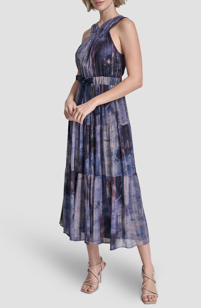 DKNY Pleated Tie Waist Chiffon Midi Dress, Alternate, color, Hudson Lights