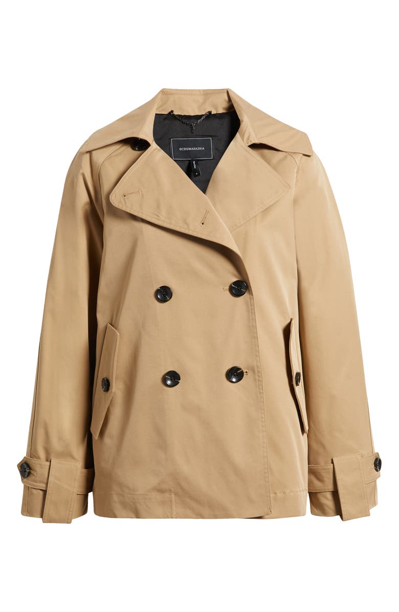 BCBG Max Azria Double Breasted Short Trench Coat, Alternate, color, Camel
