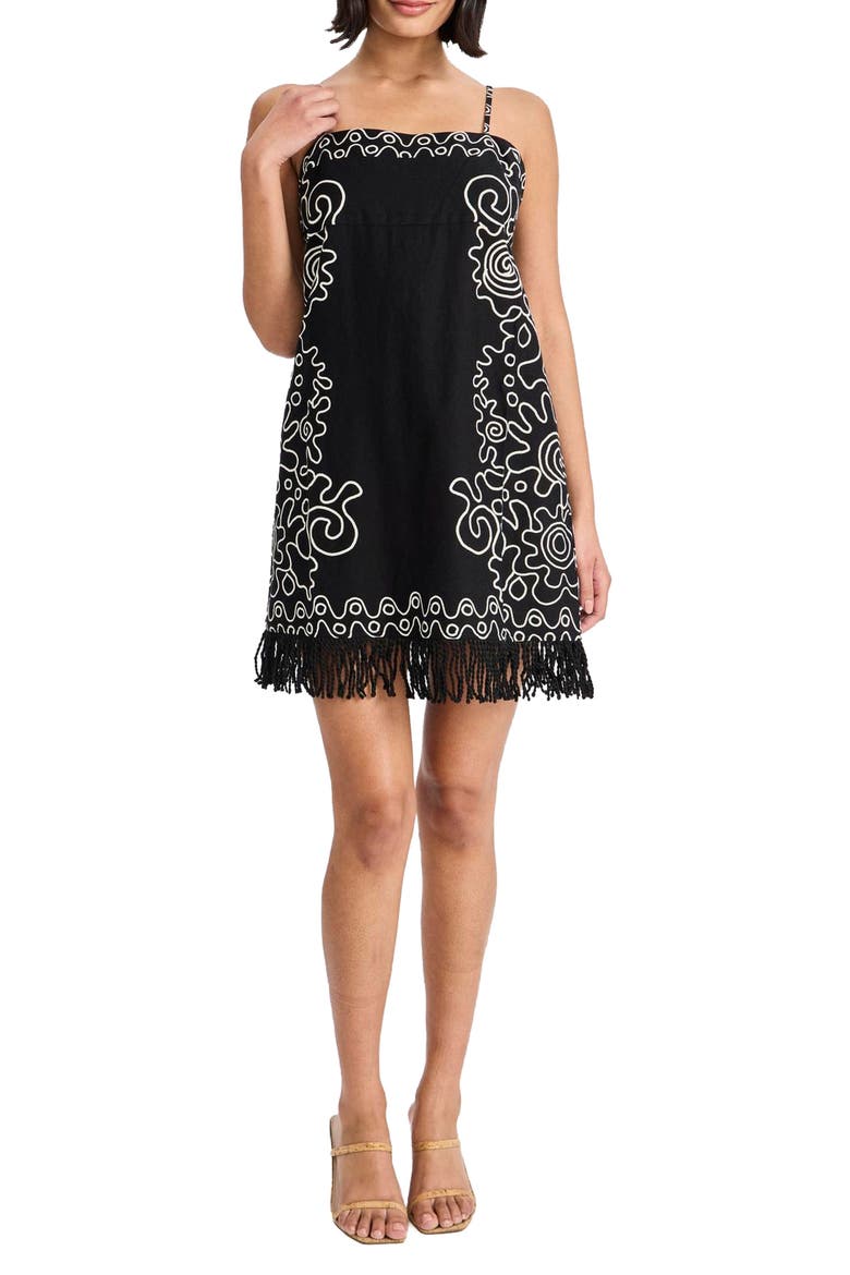 Embroidered Fringe Trim Sleeveless Minidress, Main, color, BLACK/ CREAM
