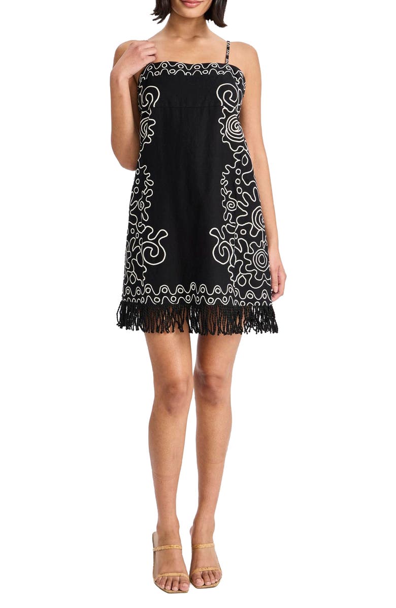 The Good Journey Embroidered Fringe Trim Sleeveless Minidress, Main, color, Black/ Cream