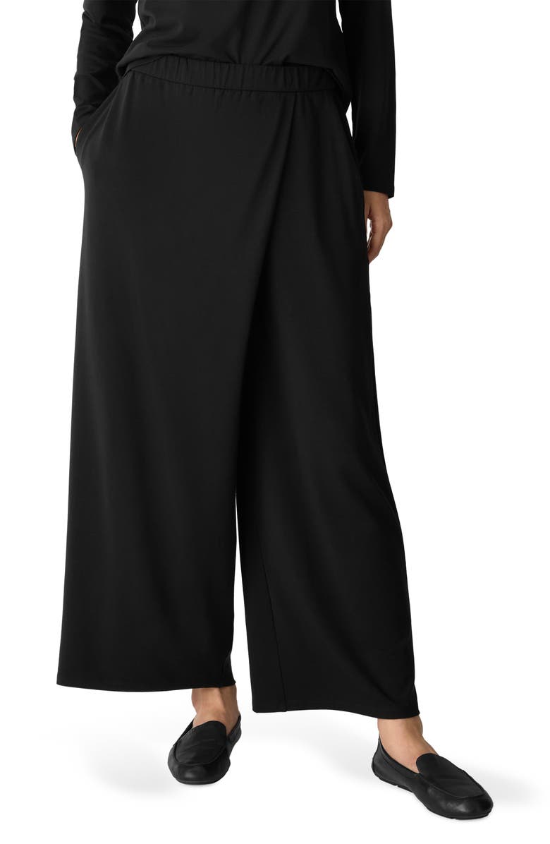 Eileen Fisher Faux Wrap Front Wide Leg Ankle Pants, Main, color, Black