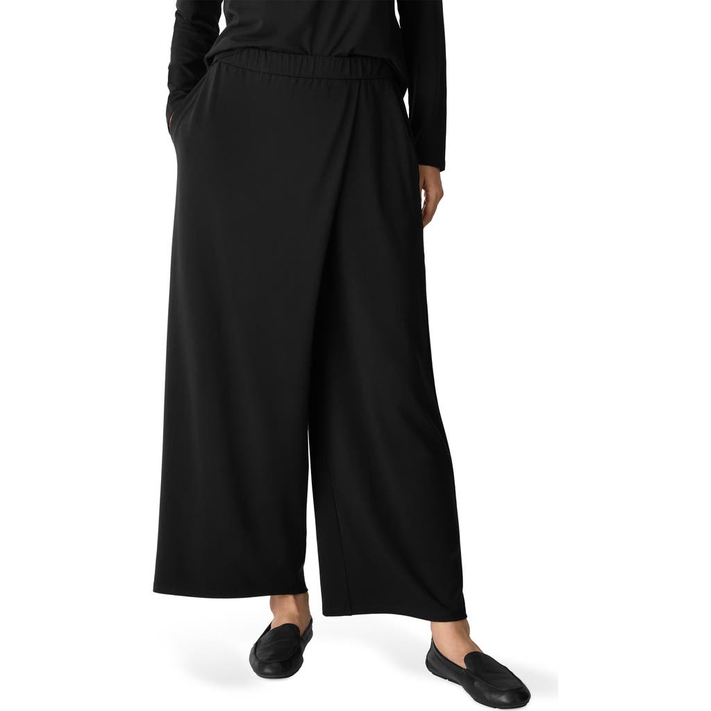 Eileen Fisher Faux Wrap Front Wide Leg Ankle Pants In Black