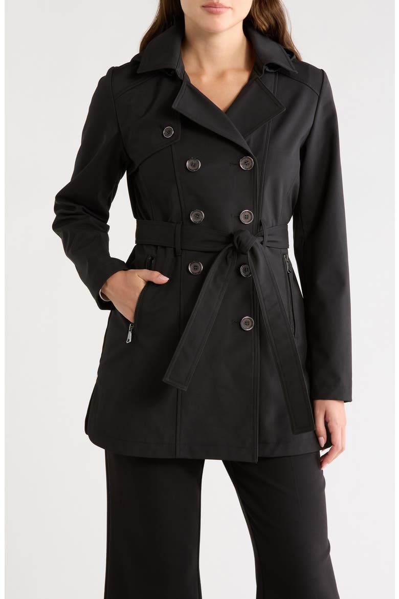 Softshell Double-Breasted Trench Coat, Main, color, BLACK