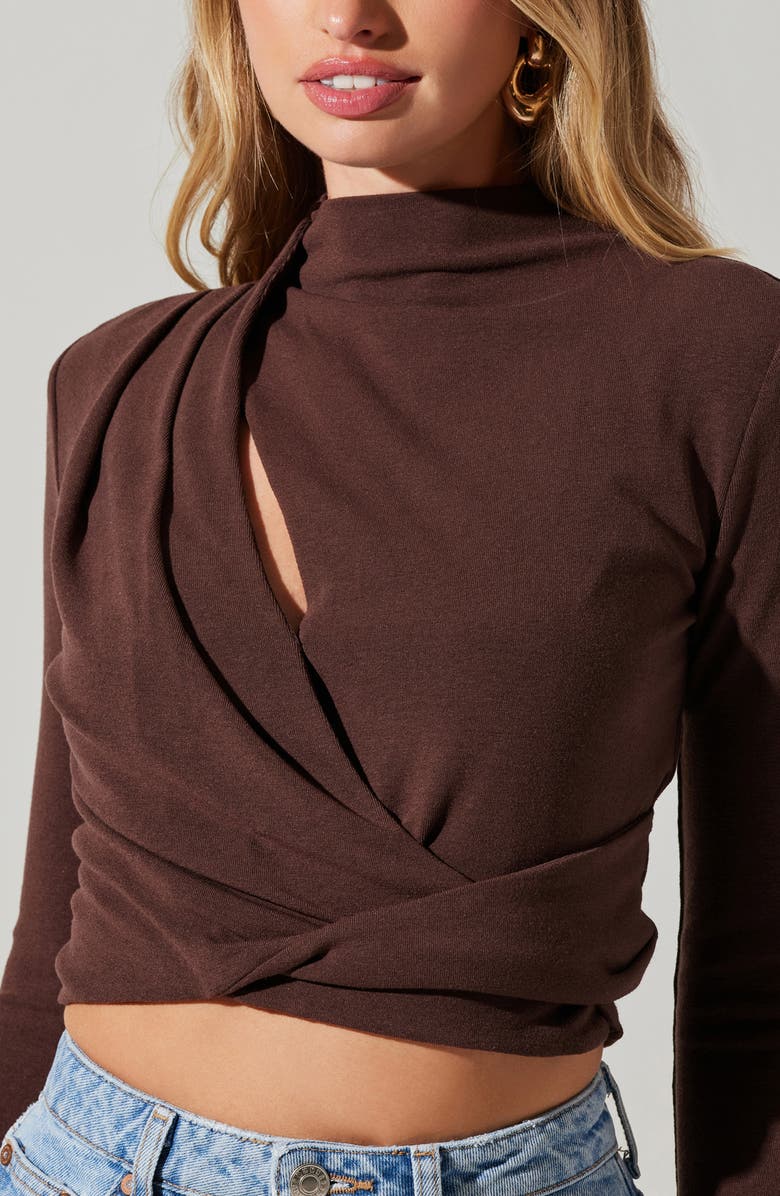 ASTR the Label Asymmetric Pleated Cutout Mock Neck Long Sleeve Top, Alternate, color, Espresso