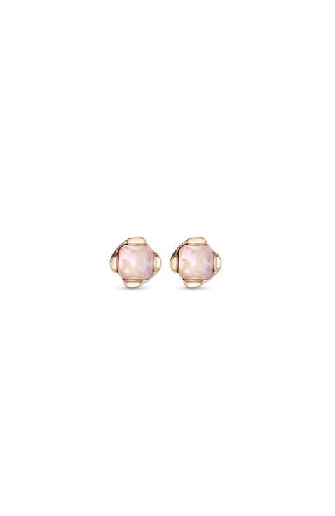 18k gold plated metal alloy earring with small faceted crystal in pink color