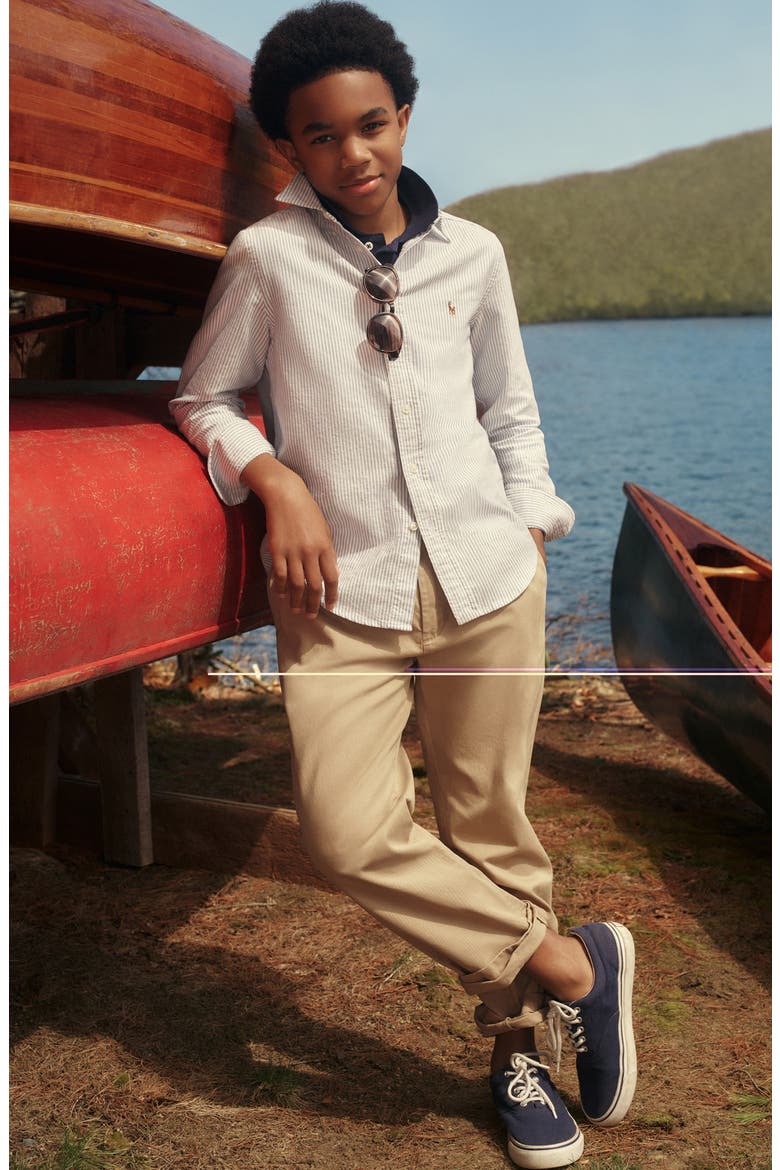 Kids' Flat Front Stretch Cotton Twill Chinos, Alternate, color, CLASSIC KHAKI