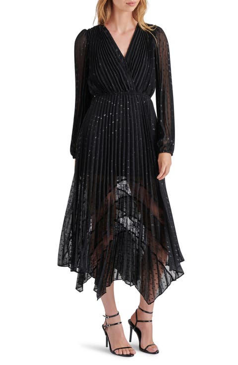 Ari Pleated Long Sleeve Chiffon & Lace Dress