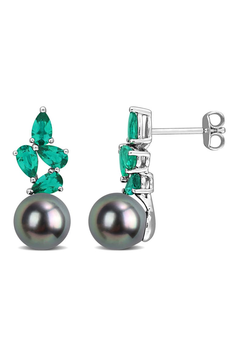 8-8.5mm Cultured Tahitian Pearl & Gemstone Cluster Earrings, Main, color, GREEN