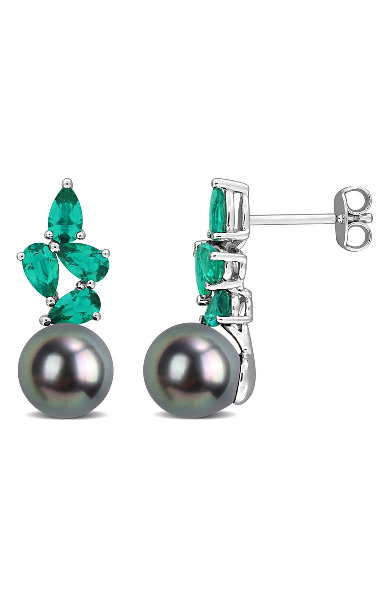 DELMAR 8-8.5mm Cultured Tahitian Pearl & Gemstone Cluster Earrings, Main, color, Green