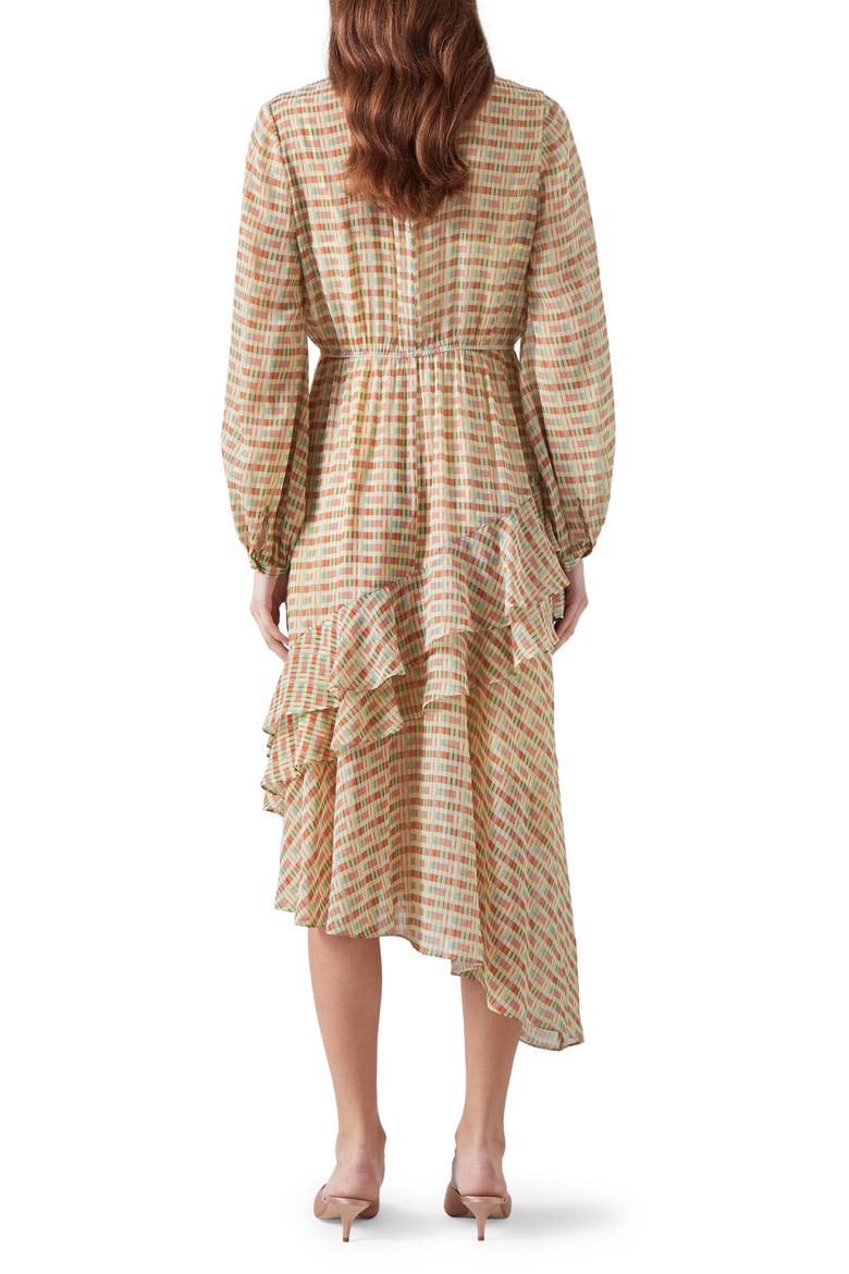 Bea Print Ruffle Asymmetric Long Sleeve Silk Midi Dress, Alternate, color, ROSE