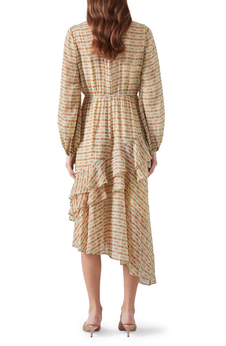 LK Bennett Bea Print Ruffle Asymmetric Long Sleeve Silk Midi Dress, Alternate, color, Rose