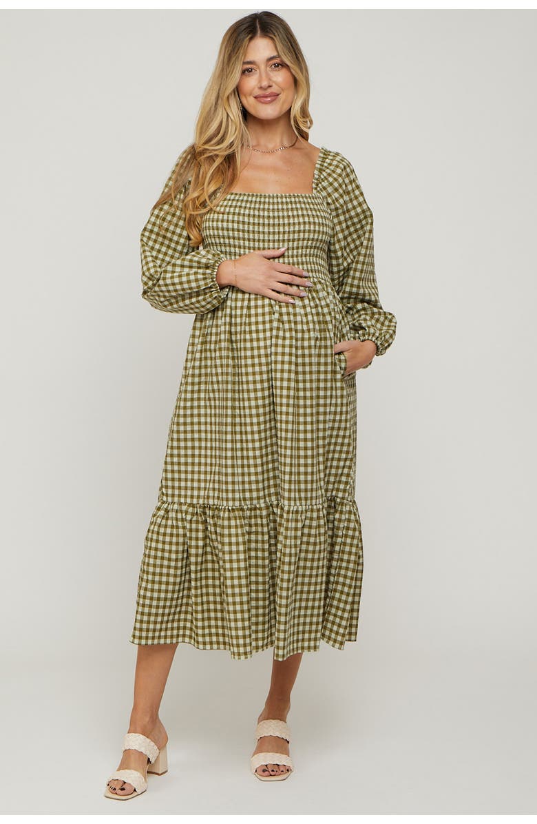 PinkBlush Gingham Long Sleeve Midi Dress, Alternate, color, Olive Green