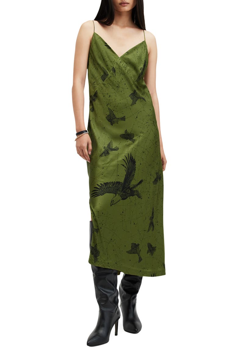 Melody Bird Print Midi Slipdress, Main, color, SPELL GREEN