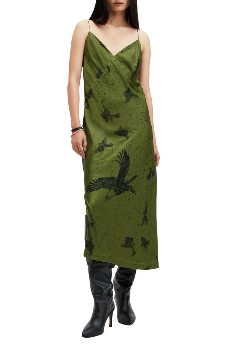AllSaints Melody Bird Print Midi Slipdress, Main, color, 