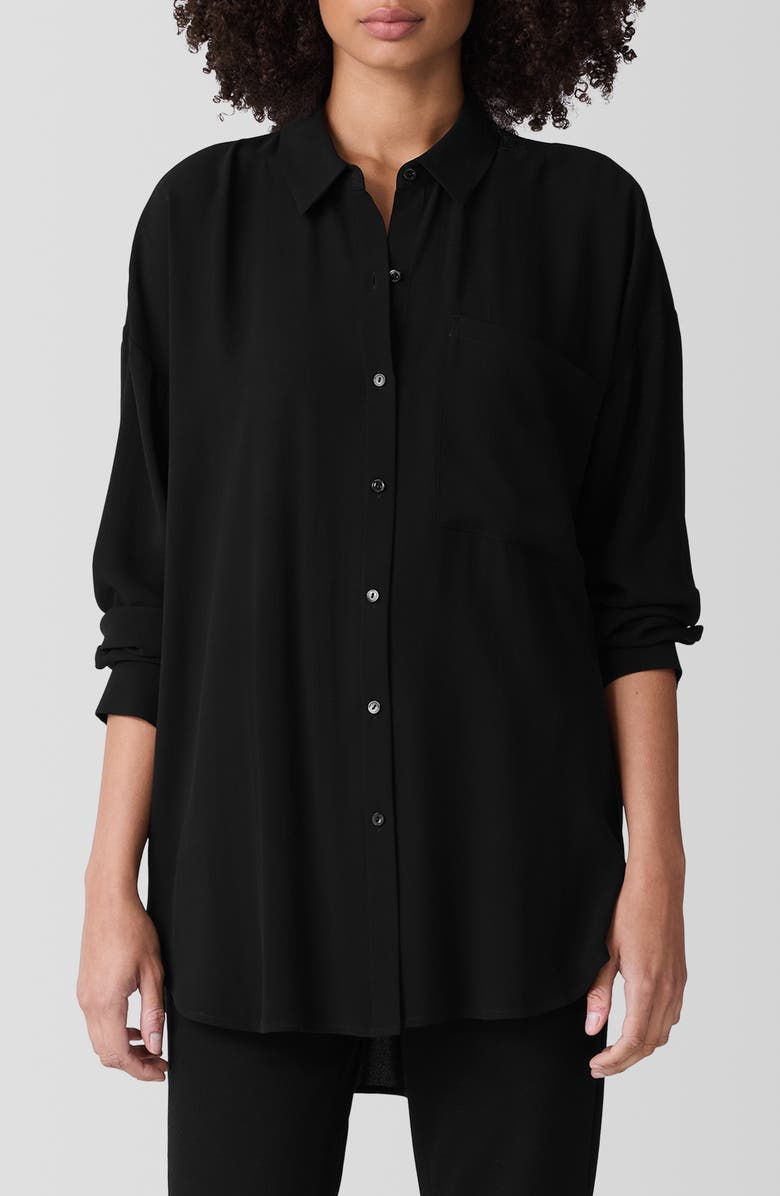 Eileen Fisher Classic Collar Silk Longline Button-Up Shirt, Main, color,