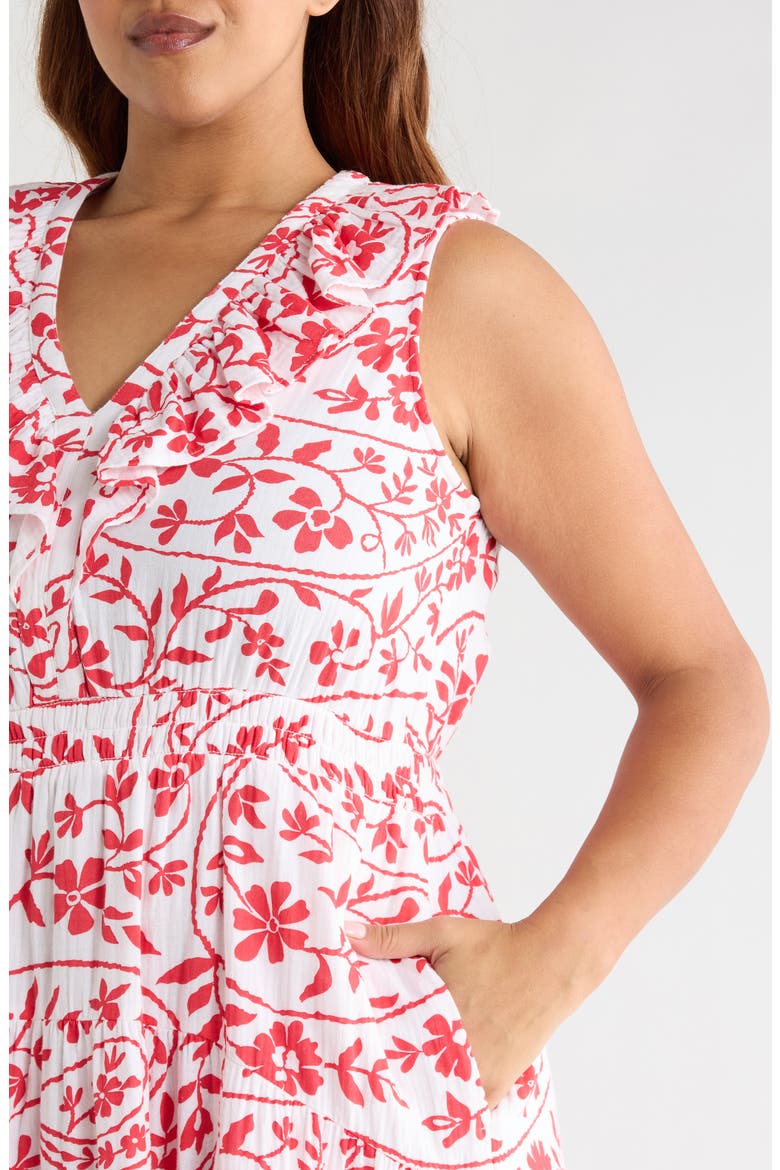 Ruffle Sleeveless Tiered Cotton Midi Dress, Alternate, color, WHITE- RED FLOWER PAISLEY