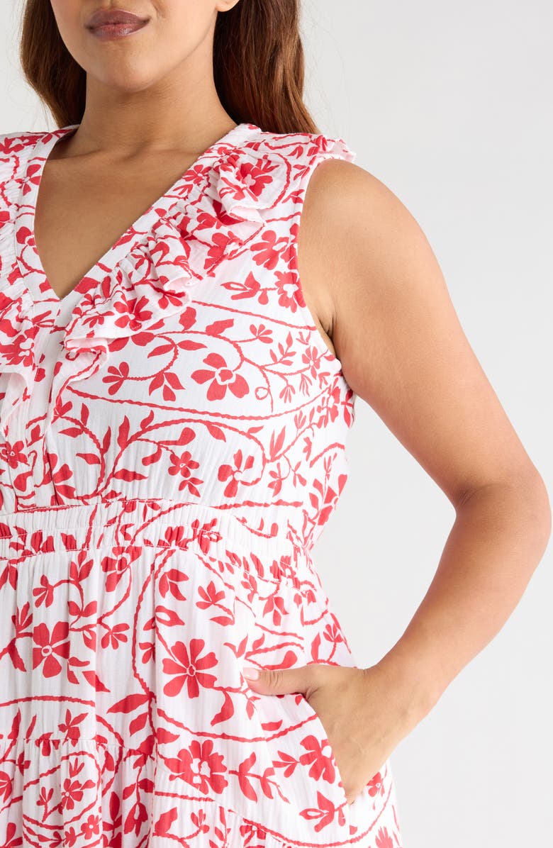 Caslon<sup>®</sup> Ruffle Sleeveless Tiered Cotton Midi Dress, Alternate, color, White- Red Flower Paisley