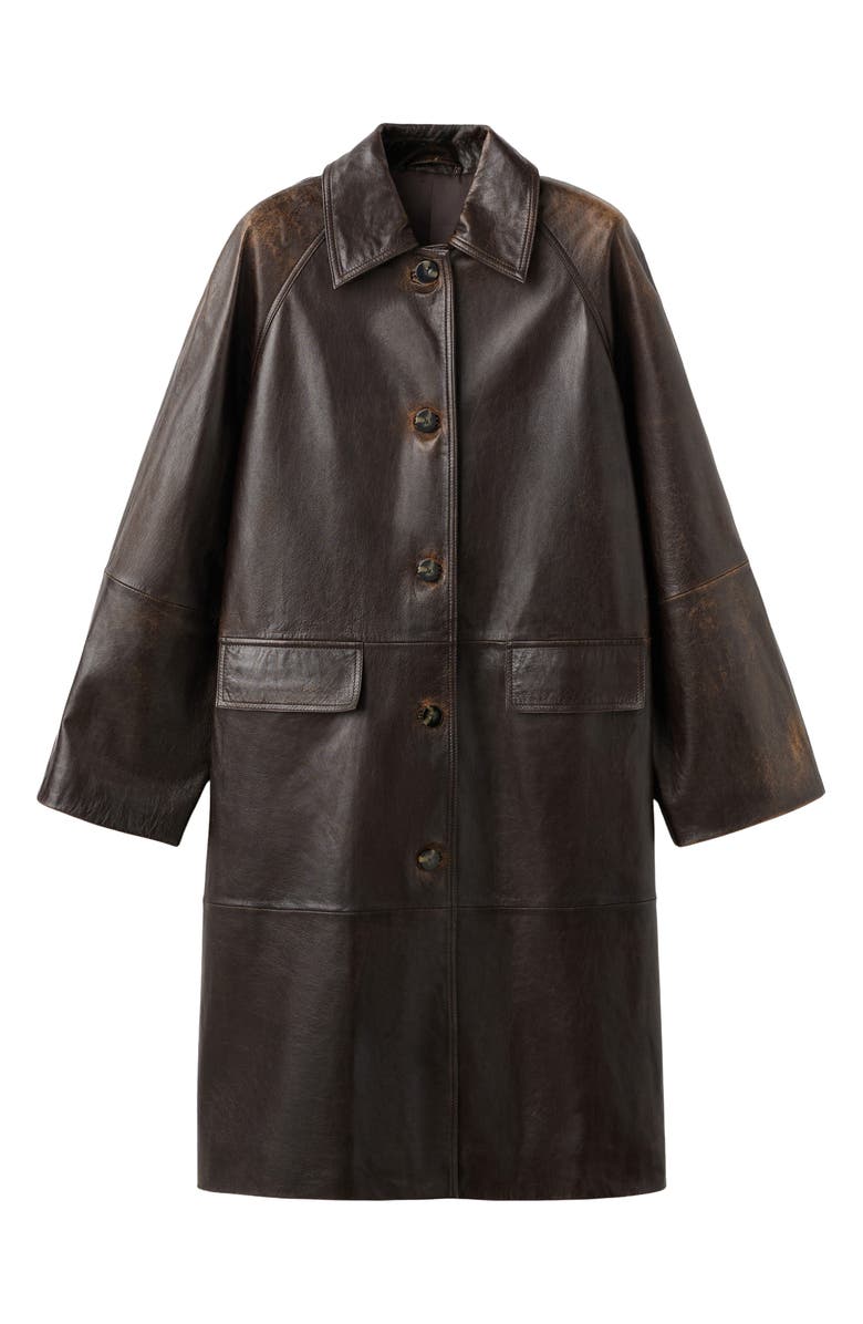MANGO Selection Longline Leather Coat, Alternate, color, Brown