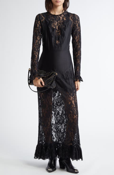 Floral Lace Long Sleeve Satin Maxi Dress