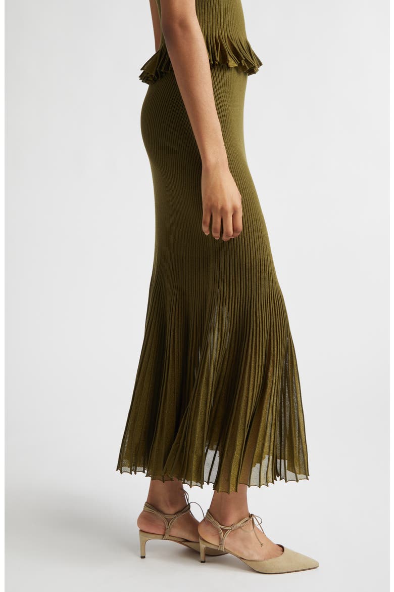 Vera Metallic Pleated Midi Skirt, Alternate, color, OLIVE