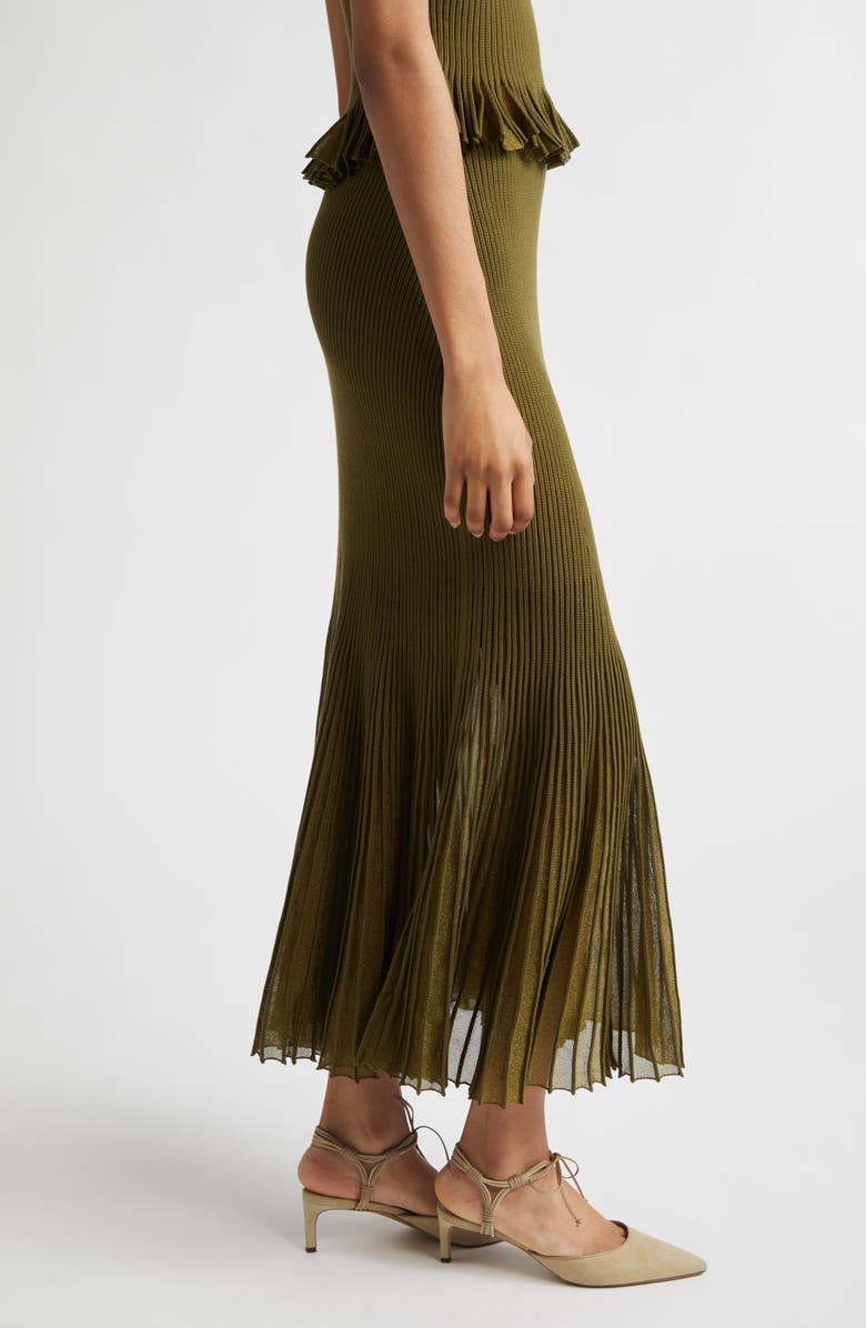 Ulla Johnson Vera Metallic Pleated Midi Skirt, Alternate, color, Olive