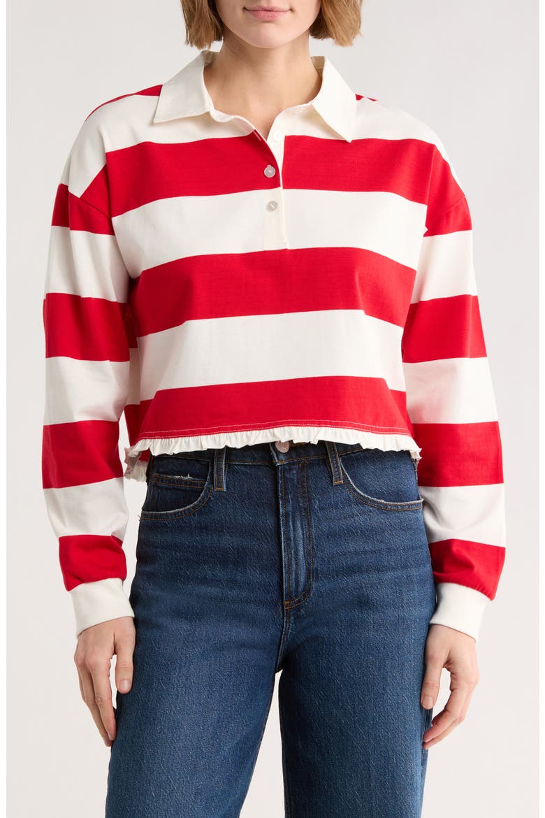 Stripe Long Sleeve Cotton Polo, Main, color, RED COMBO
