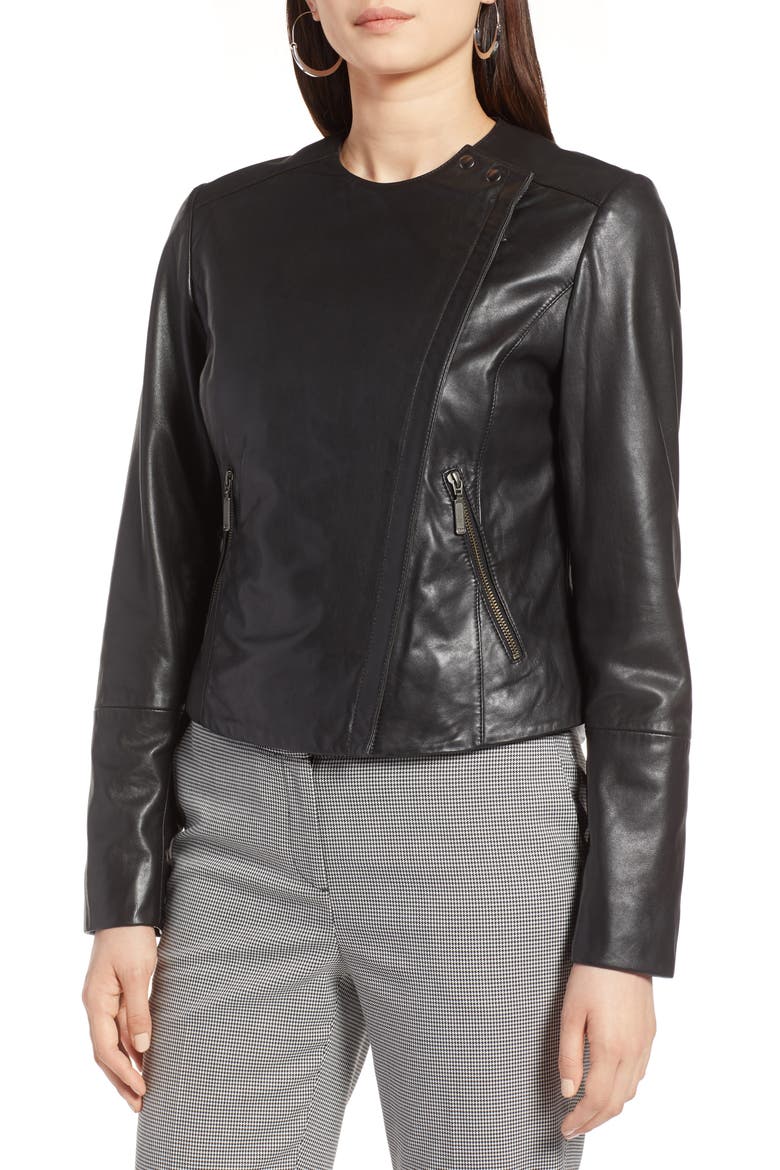 Collarless Leather Jacket, Alternate, color, BLACK