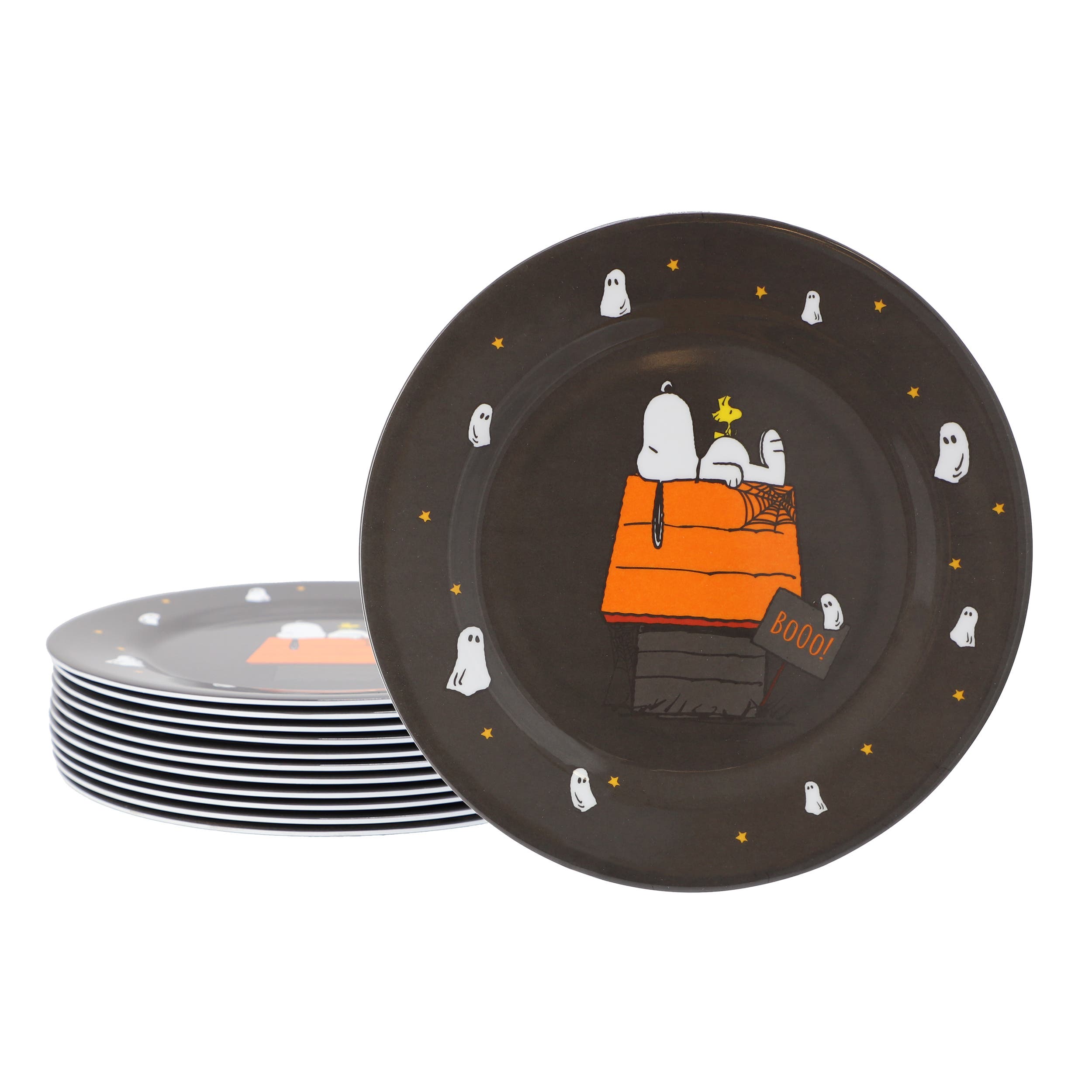Gibson Snoopy Pumpkin 12 Piece Melamine 10.5 Inch Dinner Plate Set In Black