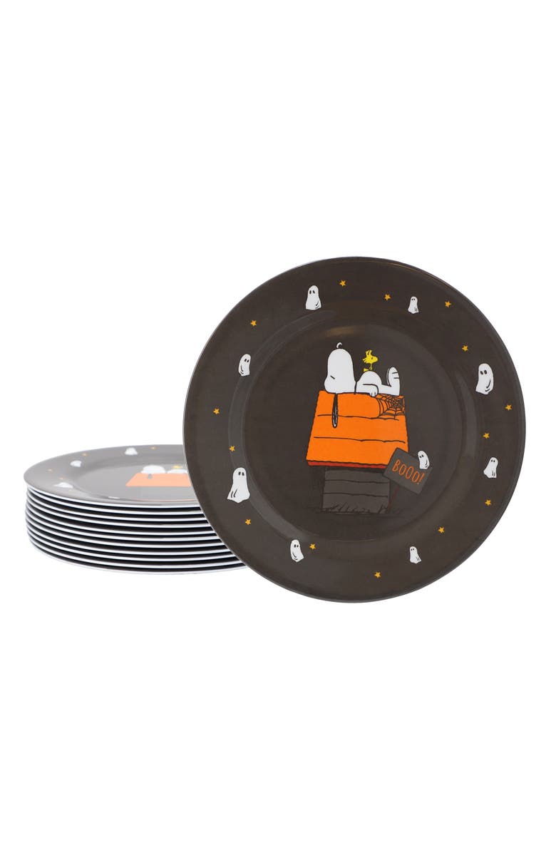 Gibson Snoopy Pumpkin 12 Piece Melamine 10.5 Inch Dinner Plate Set, Main, color, Black