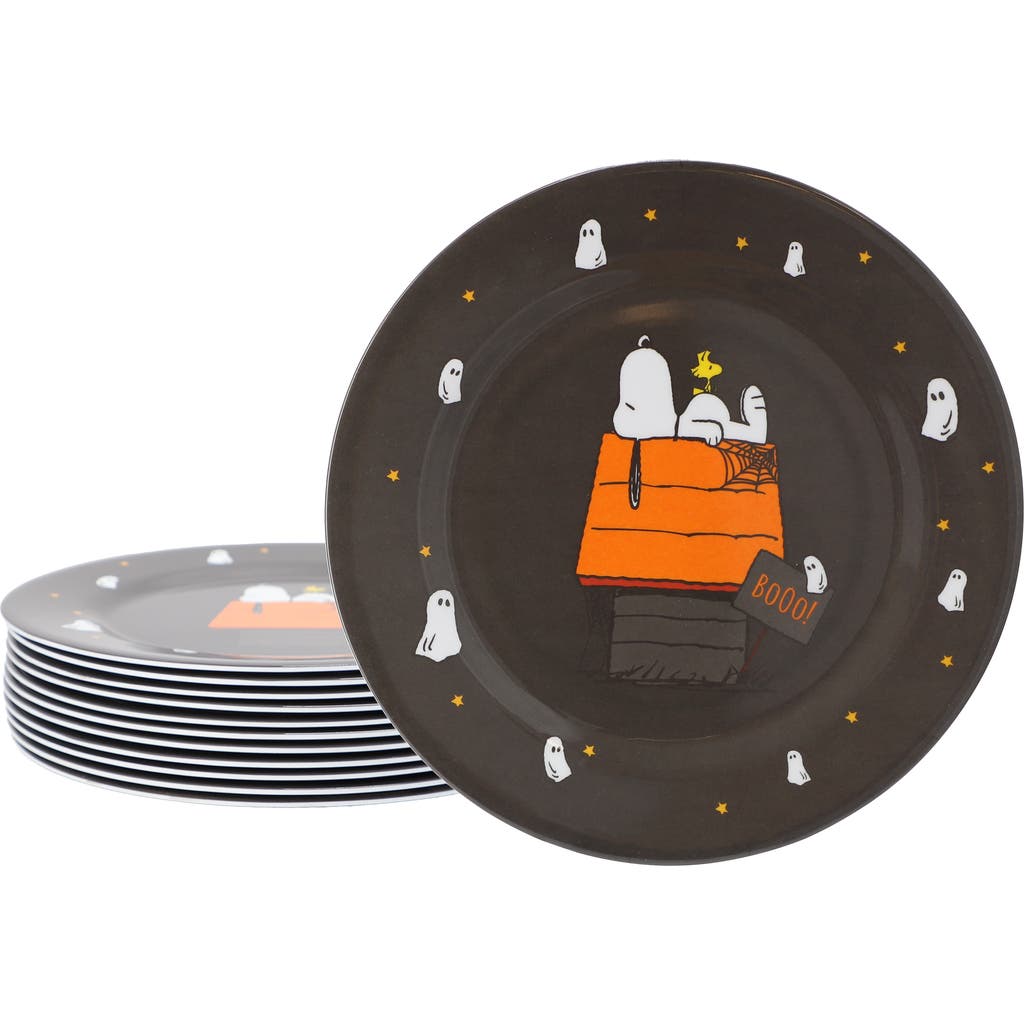 Gibson Snoopy Pumpkin 12 Piece Melamine 10.5 Inch Dinner Plate Set In Black