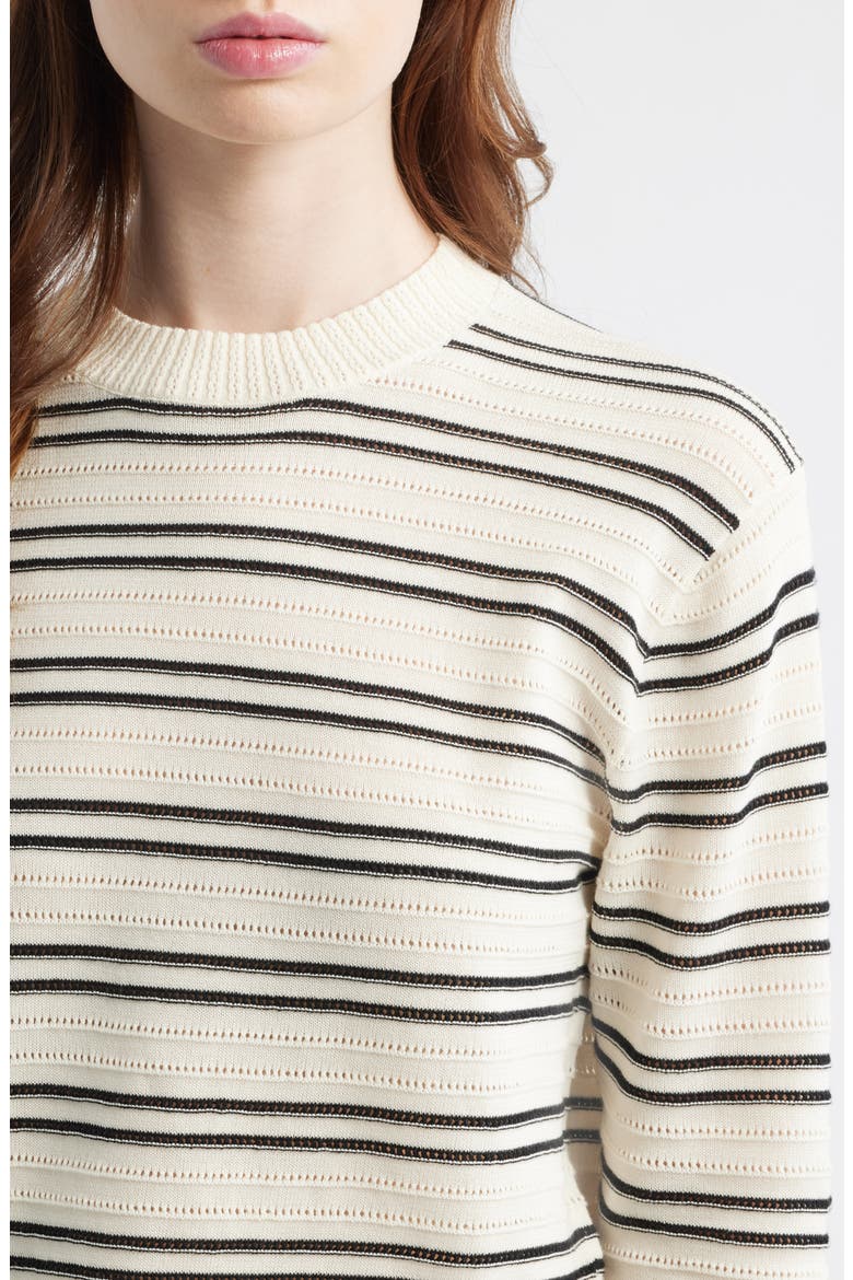 Striped Textured Stitch Cotton Crewneck Sweater, Alternate, color, IVORY AND BLACK DOUBLE STRIPE