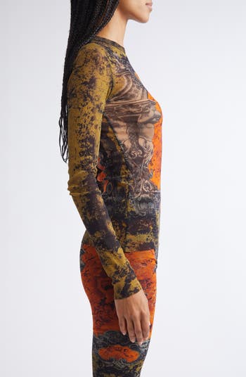 Medallion Print Long Sleeve Mesh Top