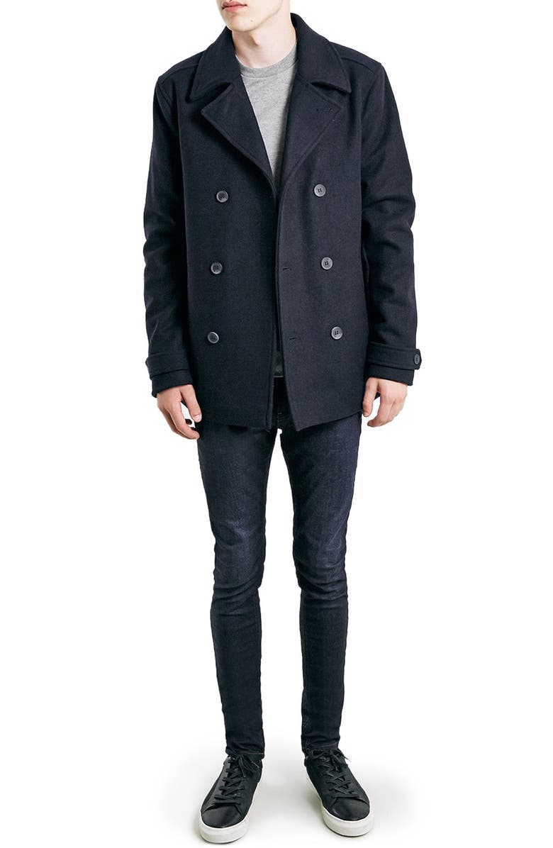 Topman Slim Fit Navy Double Breasted Peacoat, Alternate, color, 