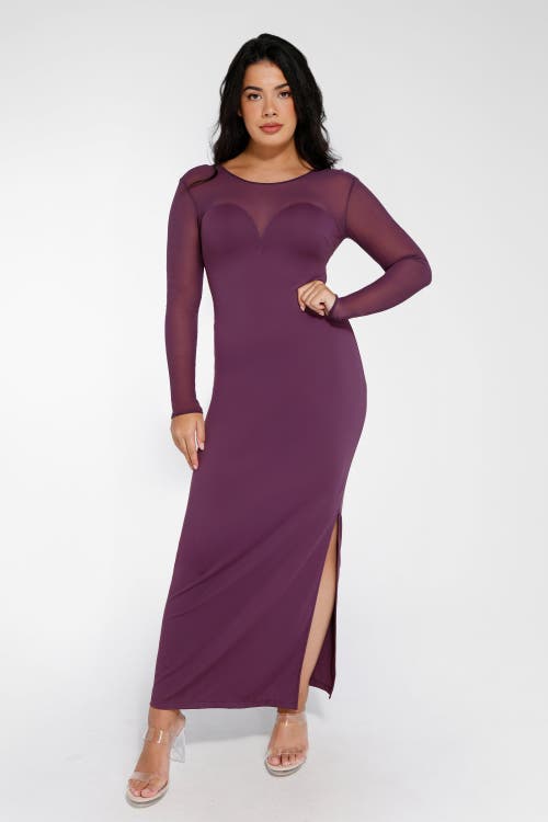 Popilush Shapewear Mesh Long Sleeve V-back Slimming Maxi Dress In Plum