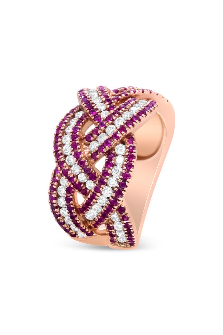 18K Rose Gold Red Ruby and 7/8 Cttw Diamond Woven Braided Band Ring, Alternate, color, Pink