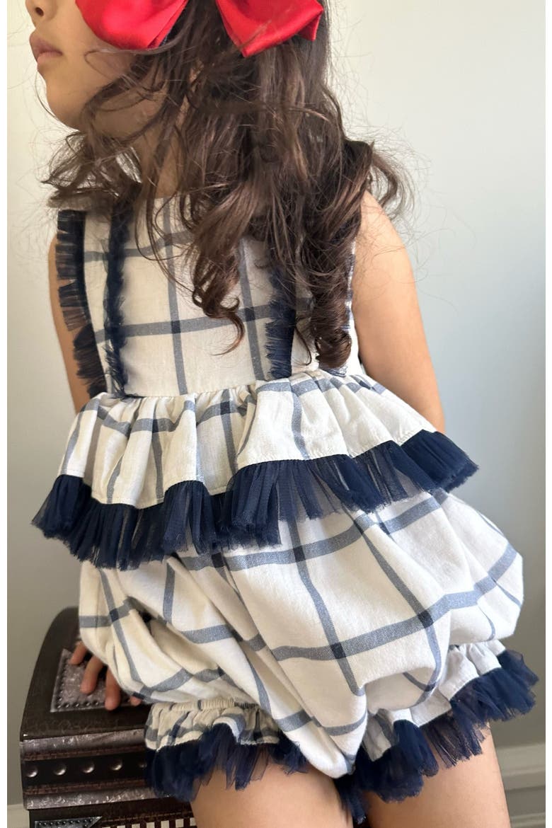 Checkered Linen Ruffle Romper, Alternate, color, Navy Checkered