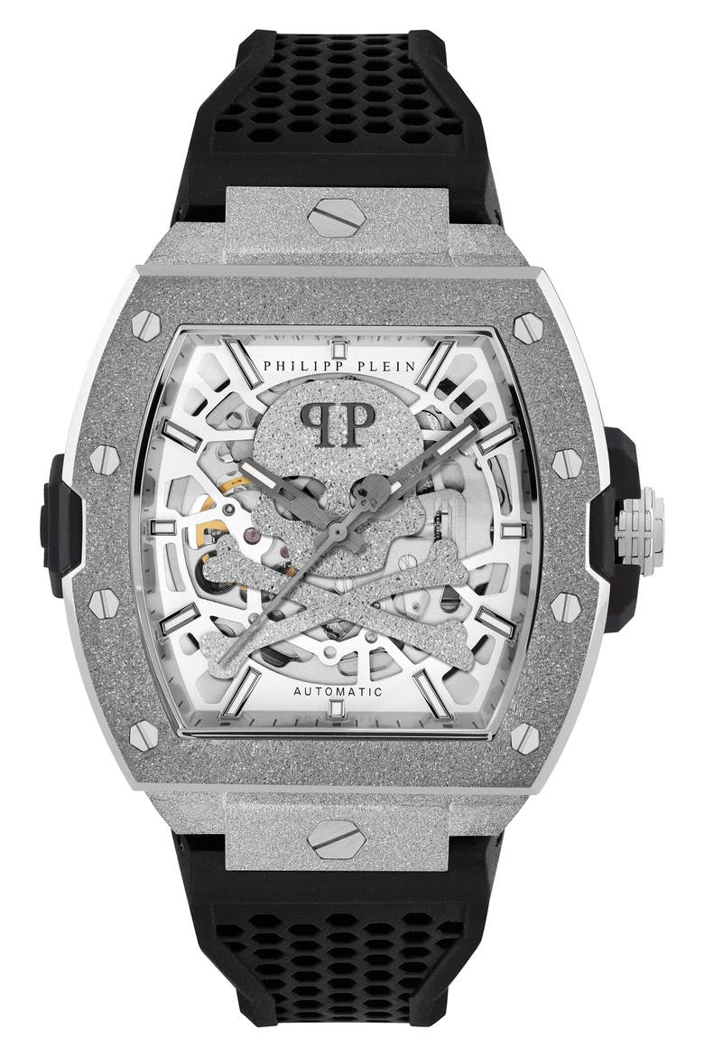 The Skeleton Frosted Silicone Strap Watch, 44mm, Main, color, STAINLESS STEEL