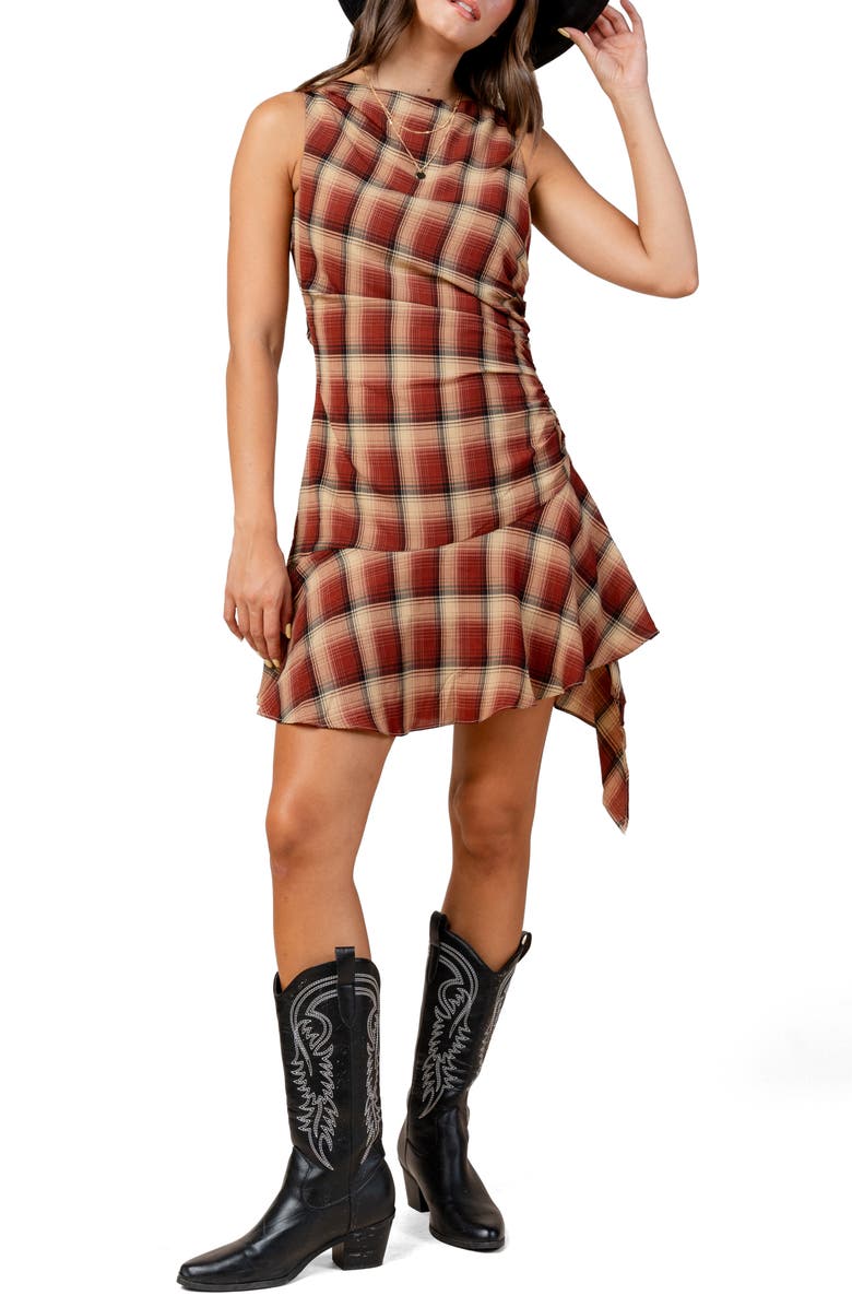 Beivy Plaid Asymmetric Dress, Main, color, Rust Plaid