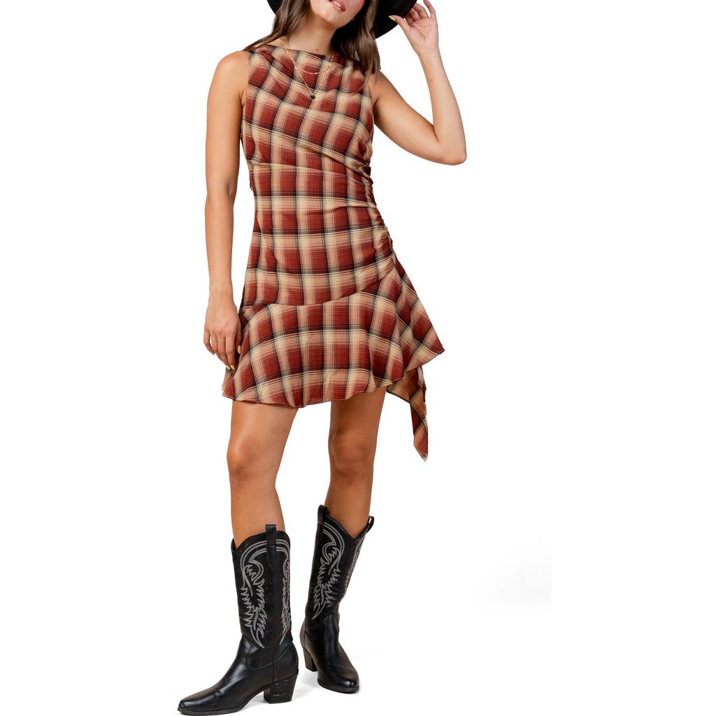 Beivy Plaid Asymmetric Dress In Burgundy