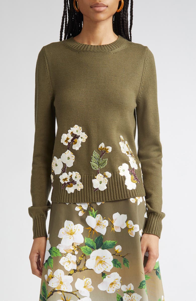 Oscar de la Renta Cherry Blossom Embroidered Virgin Wool Sweater, Main, color, Khaki