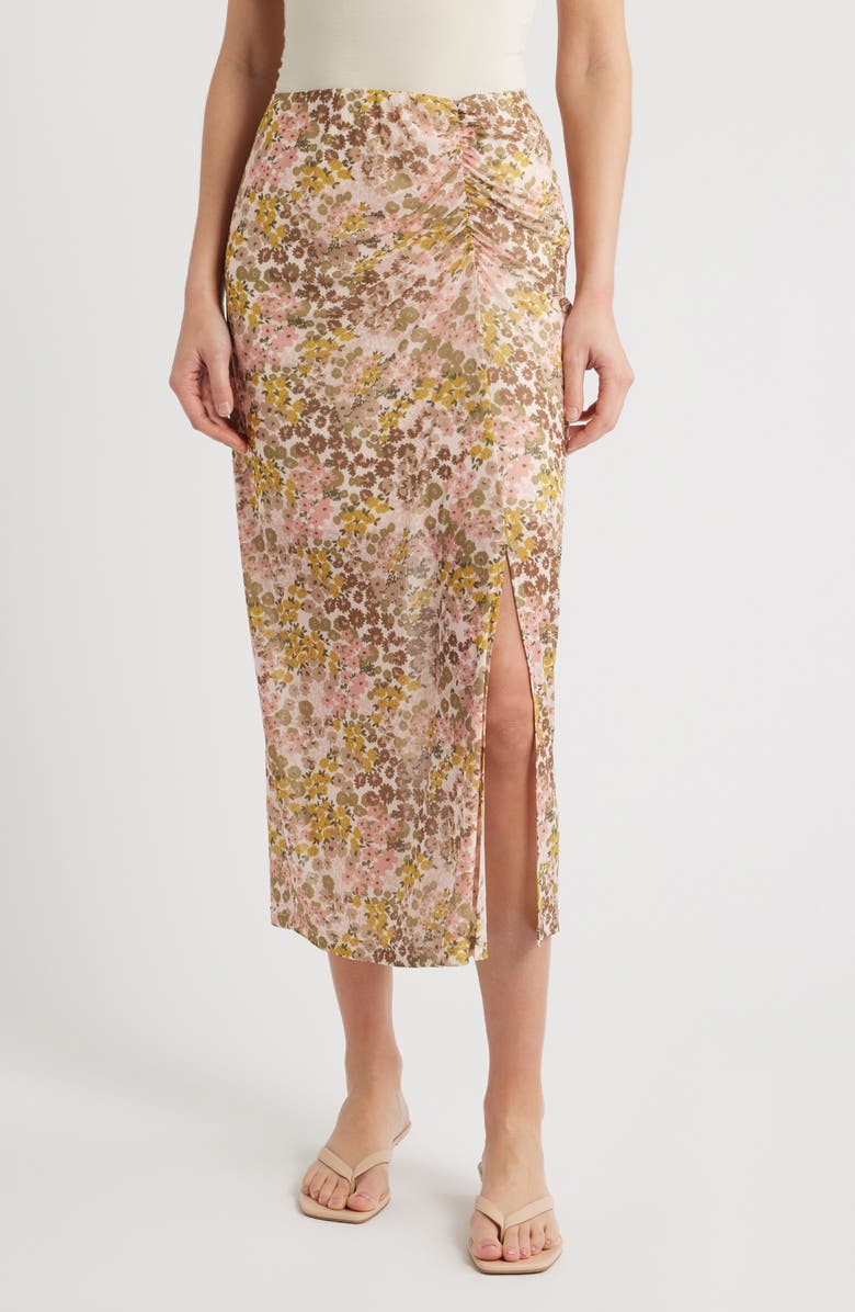 CITY BLUES Ruched Floral Midi Skirt, Main, color, Dijon/ Conch
