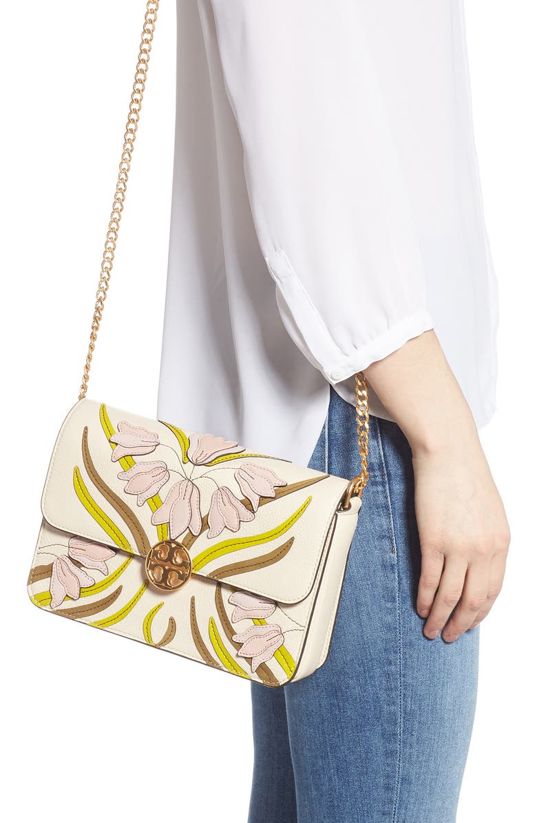 Tory Burch Chelsea Floral Appliqué Leather Shoulder Bag, Alternate, color,