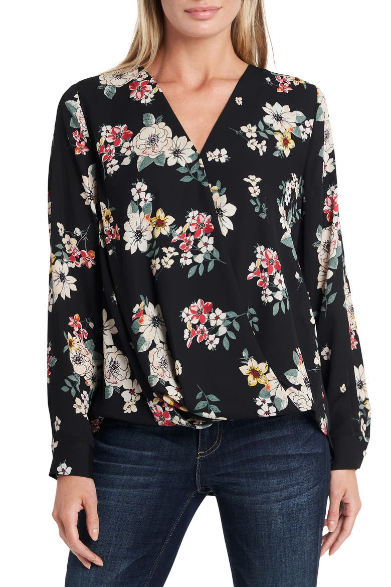 V-Neck Floral Faux Wrap Blouse, Main, color, RICH BLACK