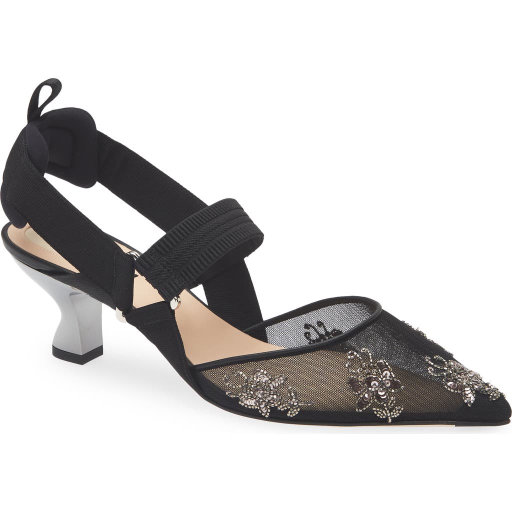Fendi Black Mesh And Embroidery High-heeled Slingbacks In Nero Antique Silver/nero