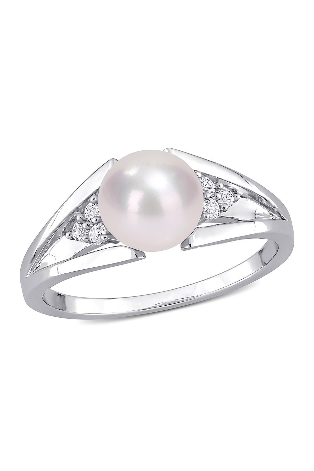 DELMAR Sterling Silver 7.5mm Cultured Freshwater Pearl & Diamond Ring - 0.04ct.