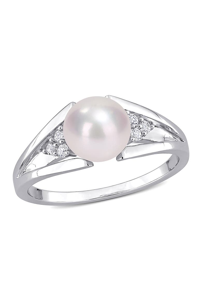 Sterling Silver 7.5mm Cultured Freshwater Pearl & Diamond Ring - 0.04ct., Main, color, WHITE