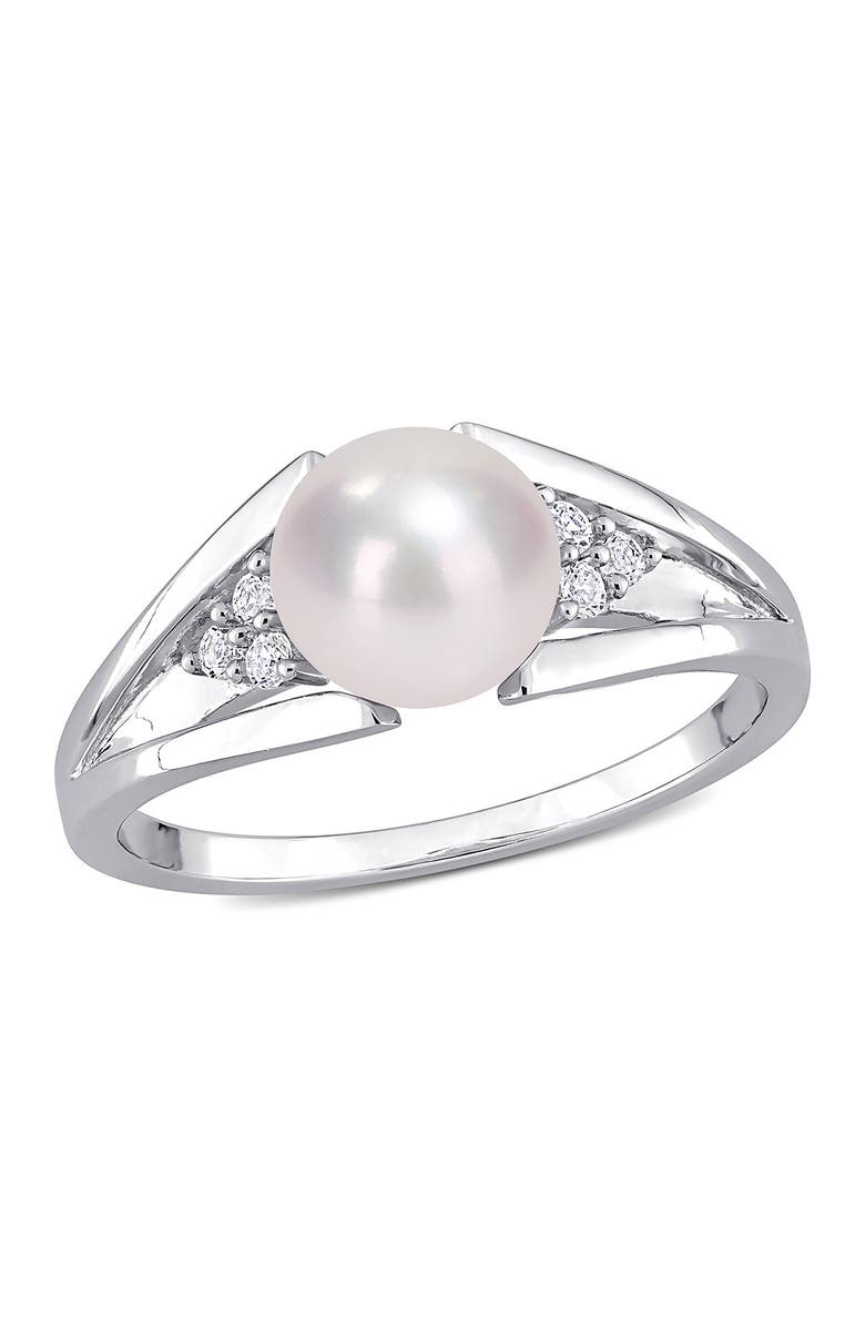 DELMAR Sterling Silver 7.5mm Cultured Freshwater Pearl & Diamond Ring - 0.04ct., Main, color, White